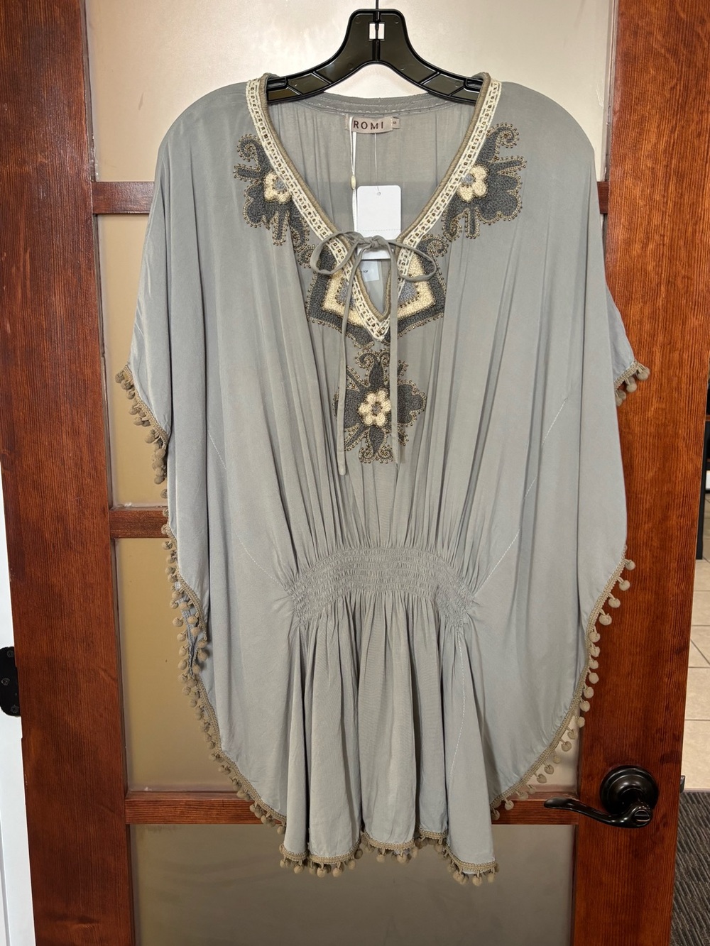 Taupe Embroidered V-Neck Pom-Pom Tunic